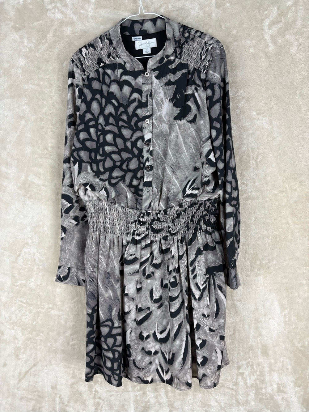 Jessica Simpson Black and Gray Floral-Print Long Sleeve Shirred Waist Dress